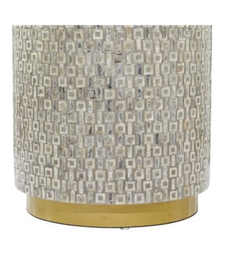 Mother of Pearl Drum Accent Table with Linear Mosaic Pattern and Gold Base