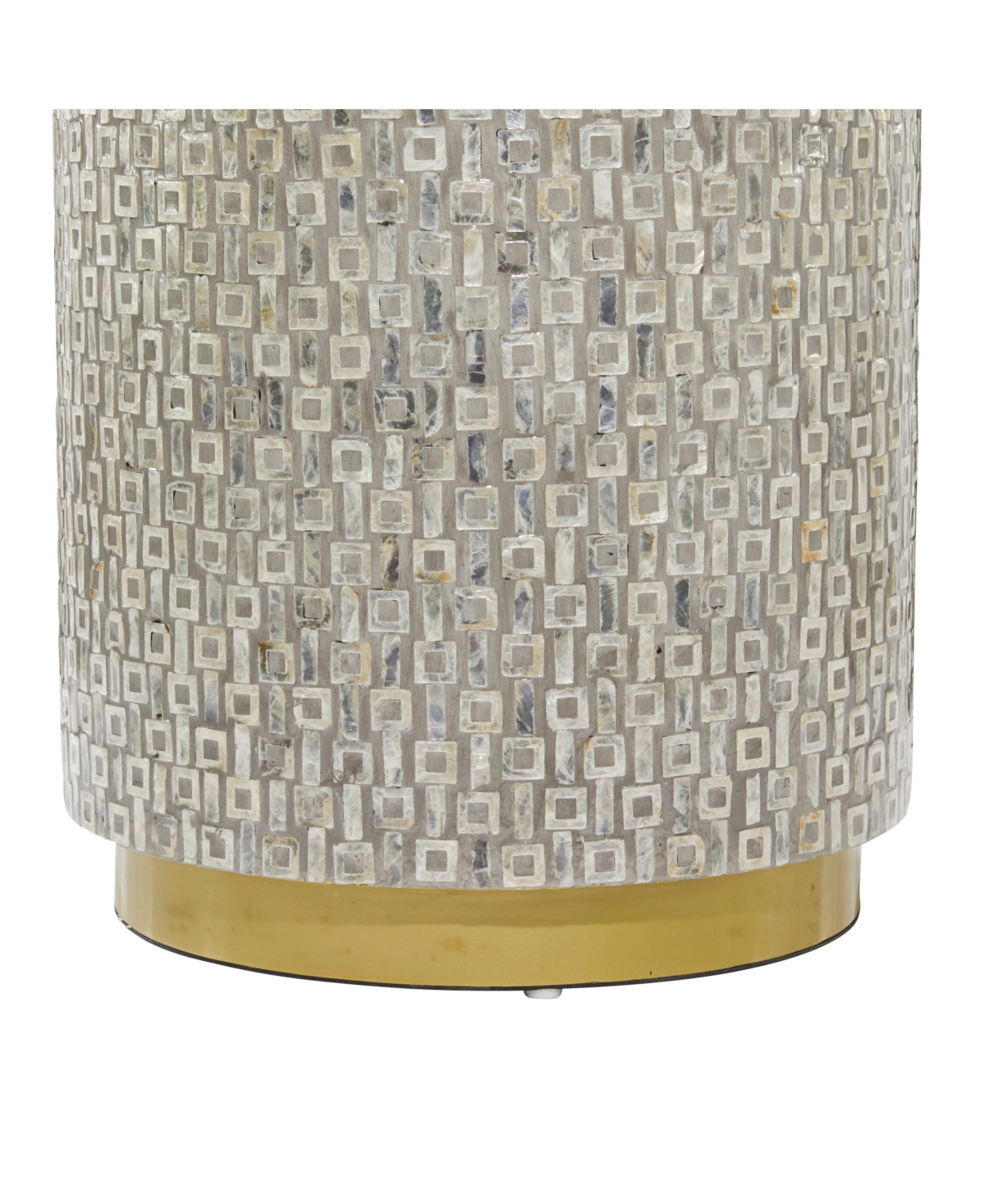 Rosemary Lane Mother of Pearl Drum Accent Table with Linear Mosaic Pattern and Gold Base