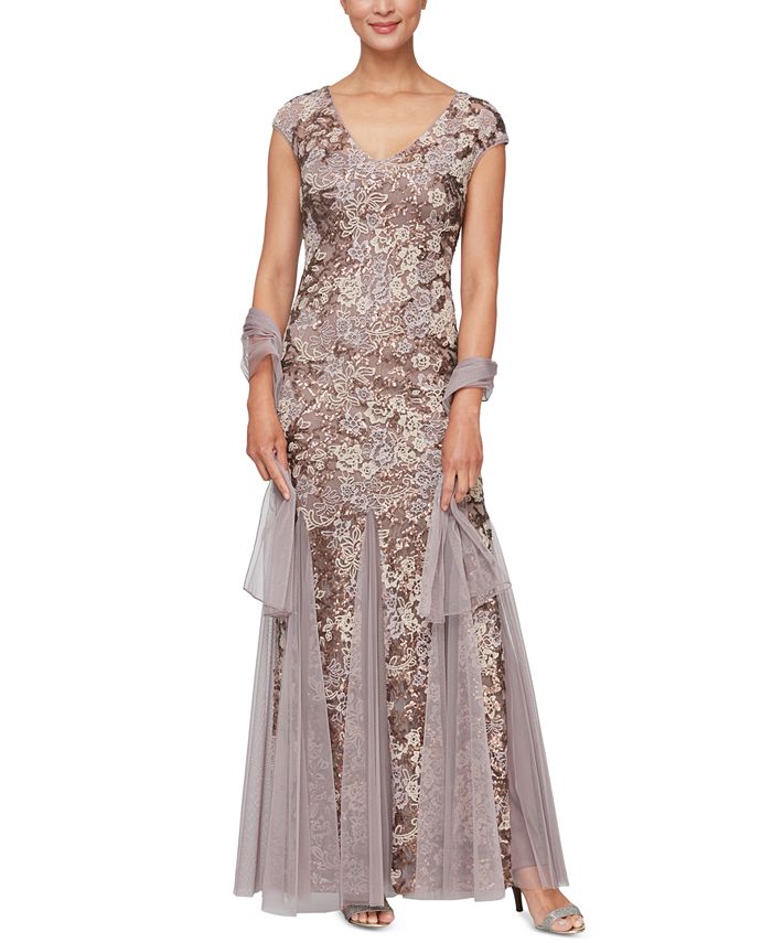 Alex Evenings Embellished-Lace Embroidered Illusion Gown & Shawl - Macy's