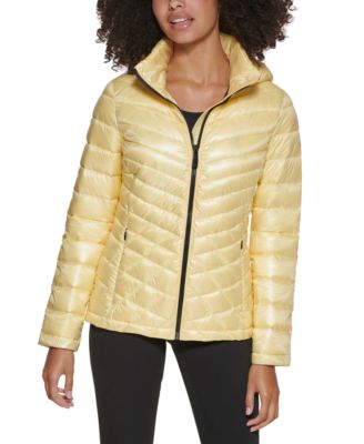 yellow puffer coat with fur hood