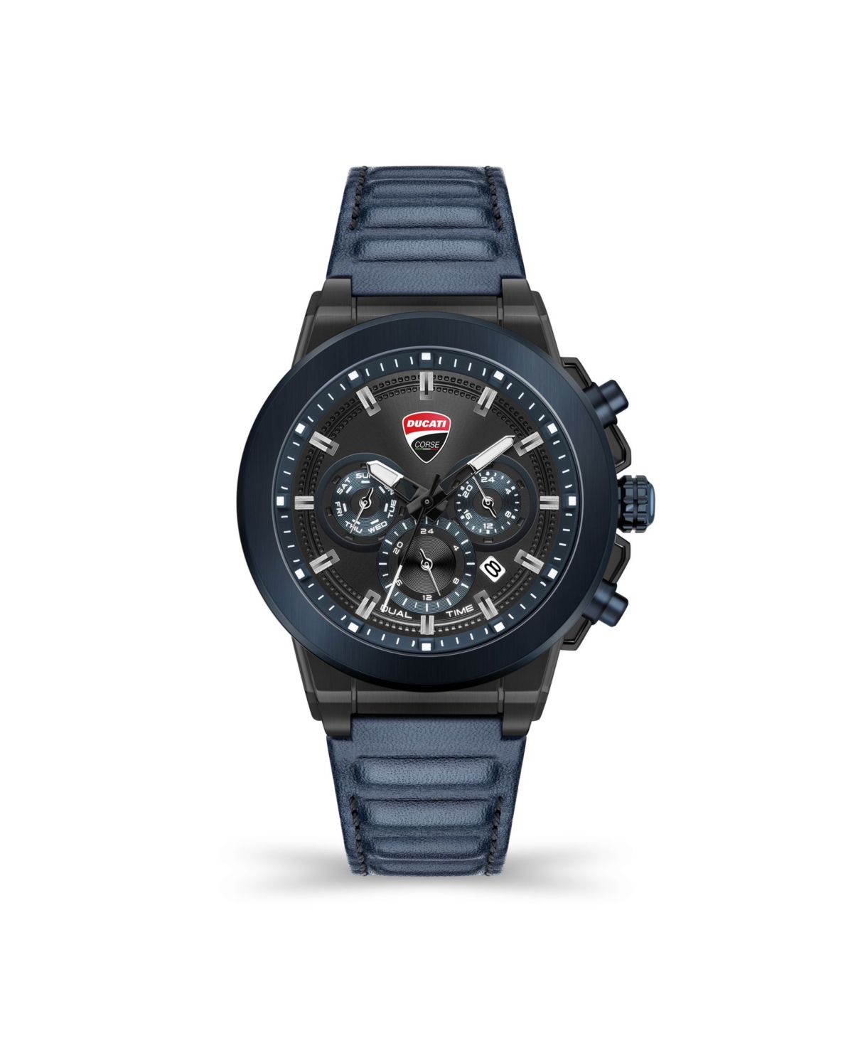 Ducati Corse Men's Campione Multifunction Blue Genuine Leather Strap Watch 45mm