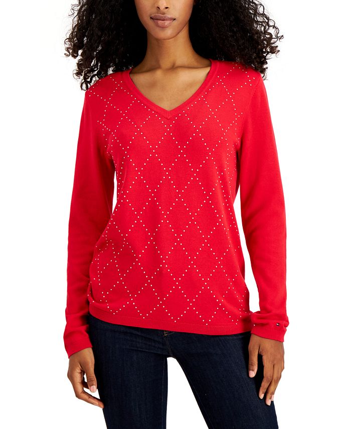 Tommy Hilfiger Ivy Studded Argyle V-Neck Sweater, Created for Macy's ...