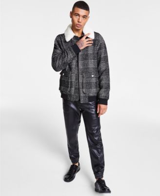 INC International Concepts - Men's Houndstooth Plaid Jacket with Removable Fleece Collar