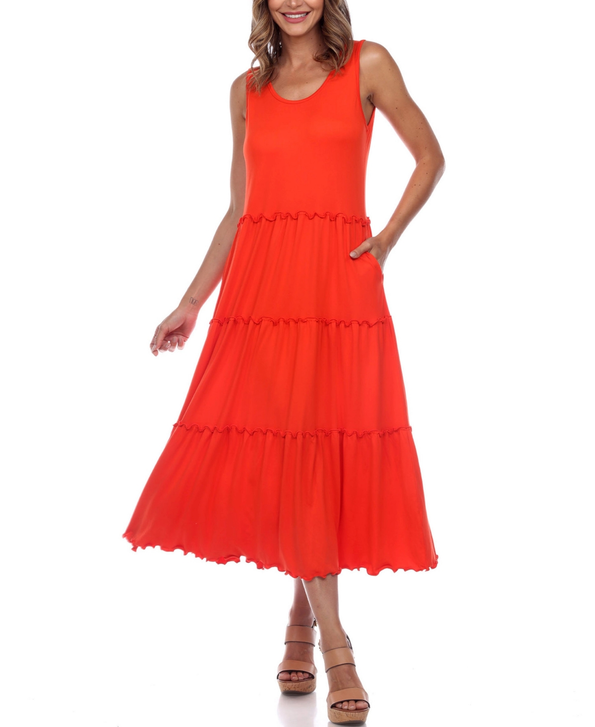 White Mark Scoop Neck Tiered Midi Dress In Red