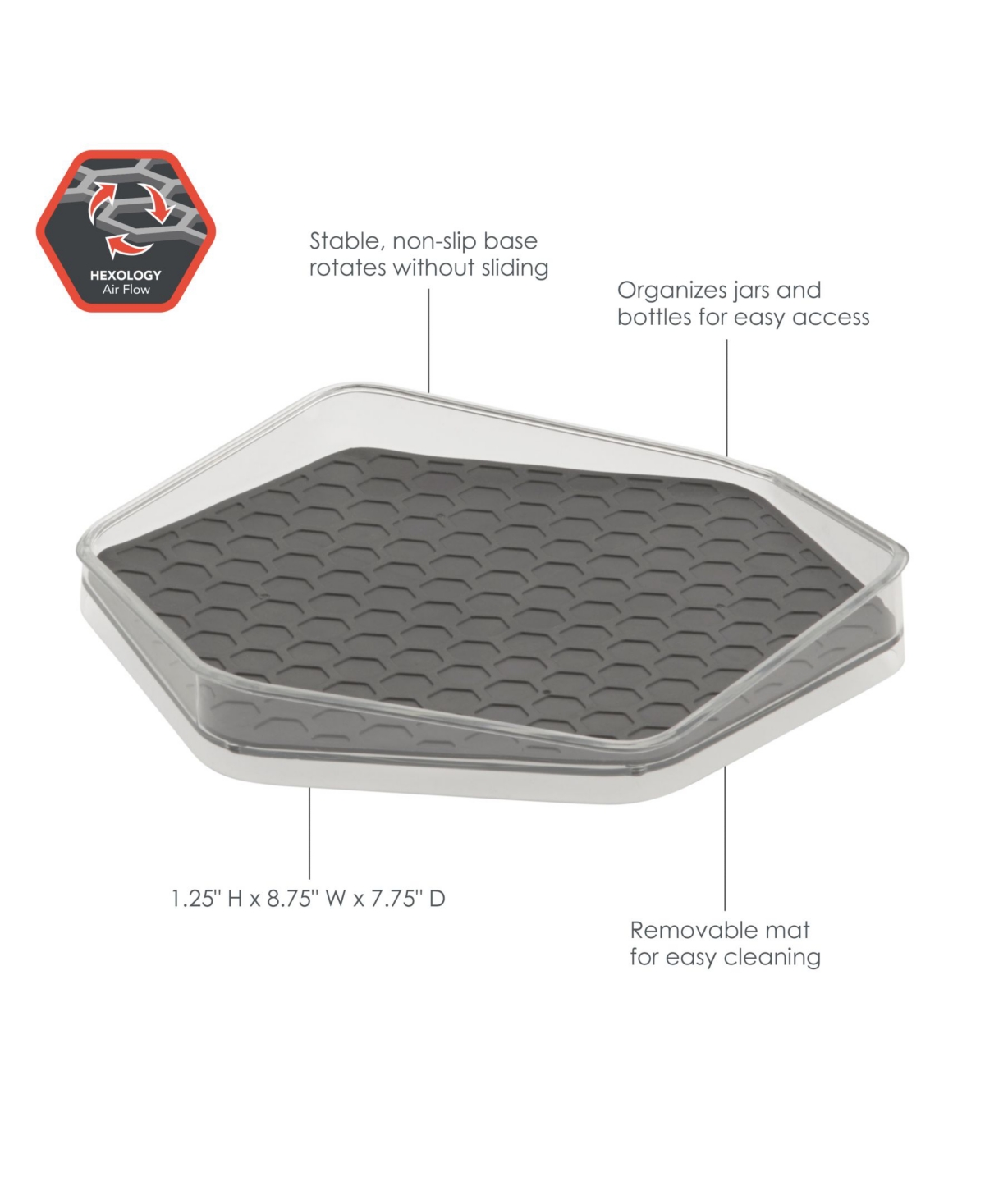 Spectrum Diversified Hexa In-Fridge Lazy Susan Organizer Tray for Refrigerator Storage - Clear and Dark Gray