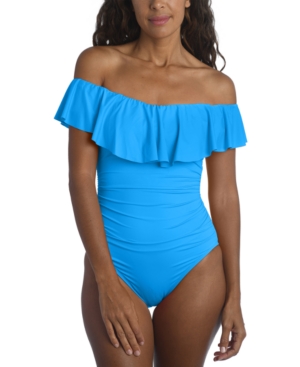 La Blanca Island Goddess Off-the-shoulder Ruffled Tummy-control One-piece Swimsuit Women's Swimsuit In China Blue