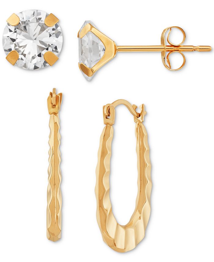 Macy's - 2-Pc. Set Cubic Zirconia Stud & Ruffle Oval Hoop Earrings in 10k Gold