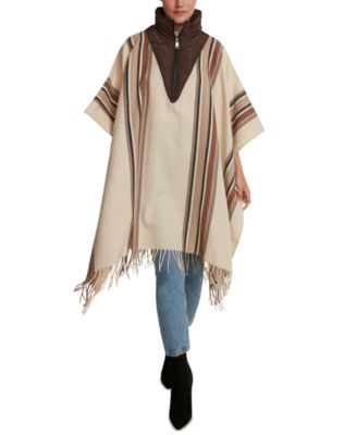 Photo 1 of Steve Madden Striped Puffer Poncho Beige/Brown One Size Warm Zip Neck