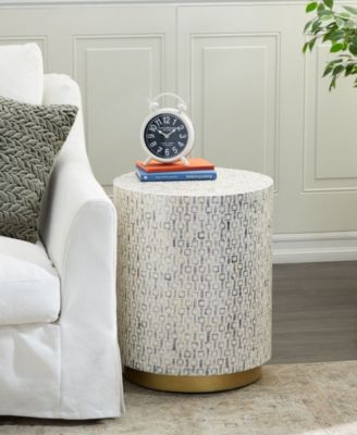 Mother of Pearl Drum Accent Table with Linear Mosaic Pattern and Gold Base