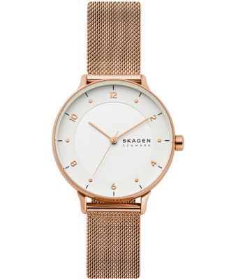Skagen - Women's Riis Three-Hand Rose-Tone Steel Mesh Watch, 36mm SKW2918
