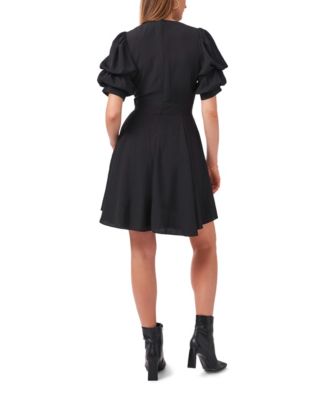 Women's V-Neck Tiered Bubble Puff Sleeve Mini Dress
