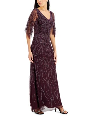 J Kara Beaded V-Neck Flutter-Sleeve Gown