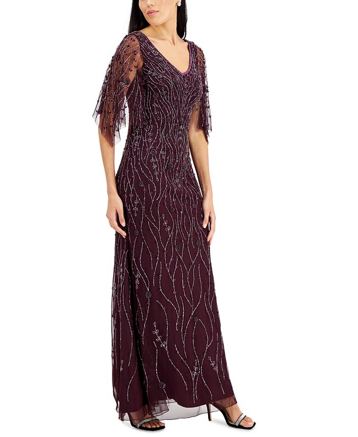 j kara flutter sleeve beaded dress J Kara Plus Size Beaded Handkerchief-Hem Dress