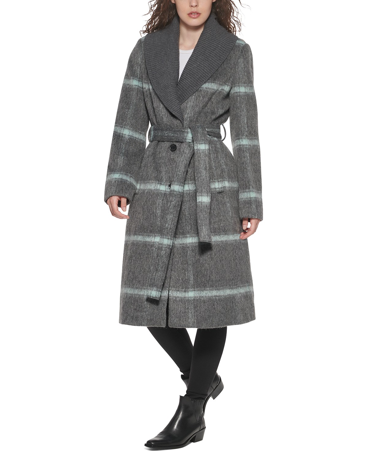 Womens Knit-Collar Belted Wrap Coat