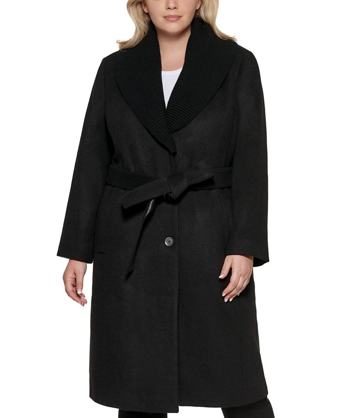 DKNY Plus Size Knit-Collar Belted Wrap Coat - Macy's
