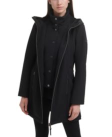 Bibbed Faux-Leather-Trim Hooded Raincoat