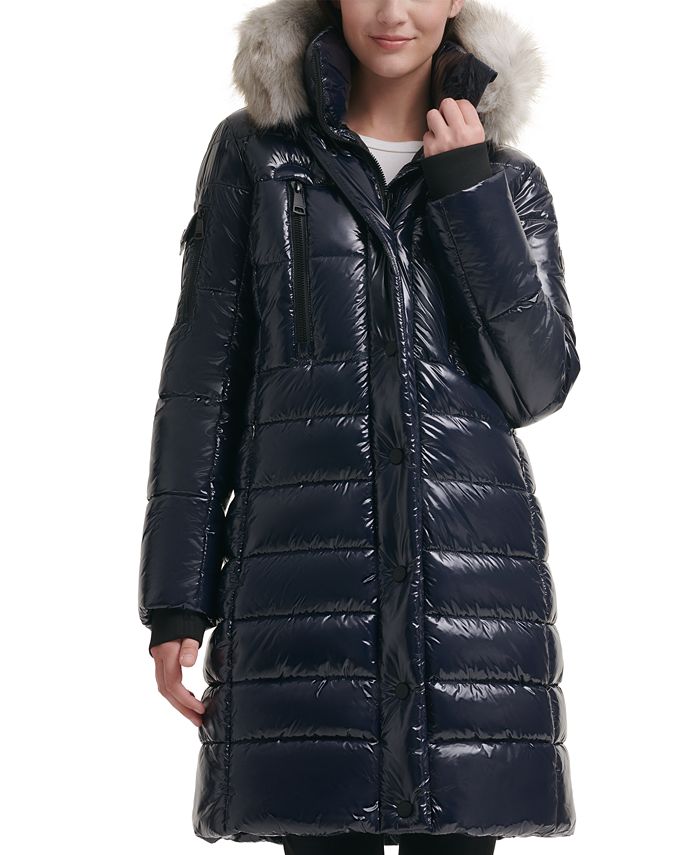 DKNY Petite High-Shine Faux-Fur-Trim Hooded Puffer Coat, Created for ...