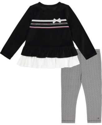 Little Girls Velour Top with Ruffle Trim and Patterned Leggings, 2 Piece Set
