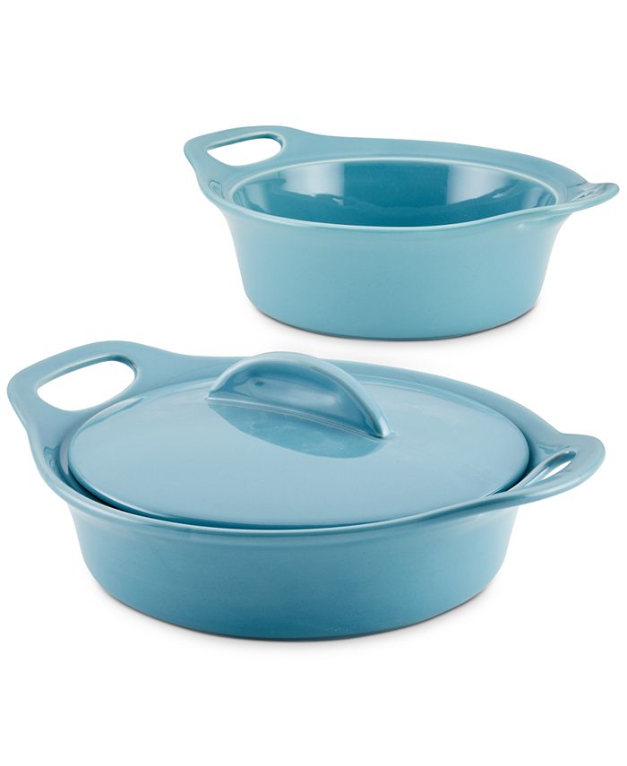 Rachael Ray Ceramic Casserole Bakers with Shared Lid Set, 3-Piece, Agave Blue