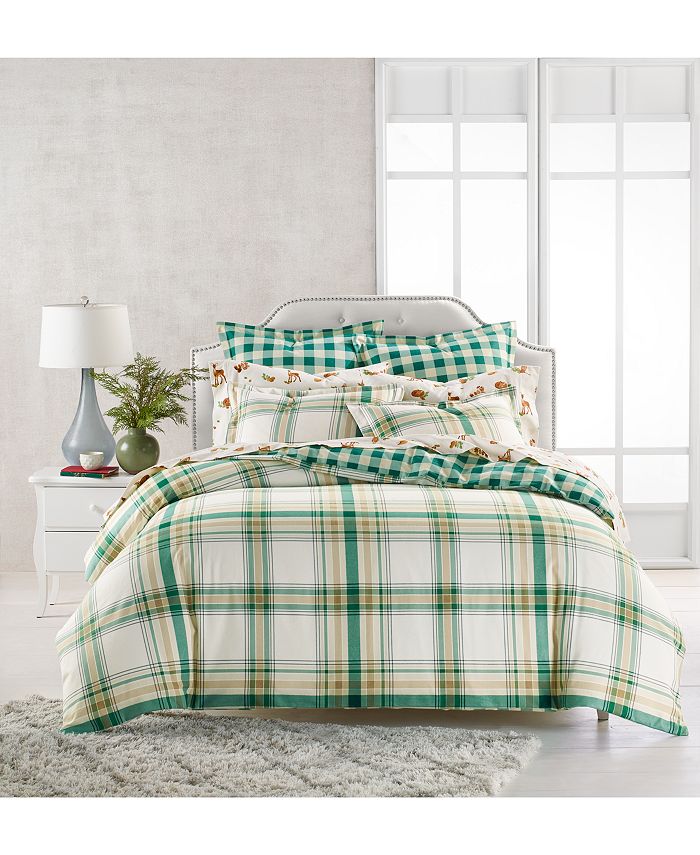 Martha Stewart Collection Holiday Flannel Neutral Plaid Comforter, Twin