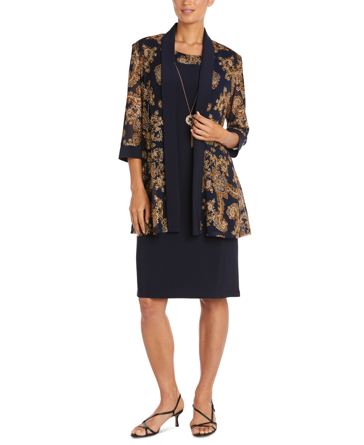 Plus Size 2-Pc. Printed Jacket & Necklace Dress - Navy/Gold