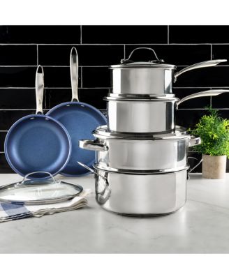 GraniteStone - 10-Pc. Blue Stainless Steel Nonstick Cookware set with Diamond-Infused Coating