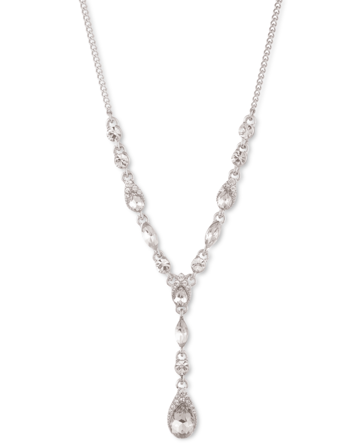 Pear-Shape Crystal Lariat Necklace, 16" + 3" extender - Silver