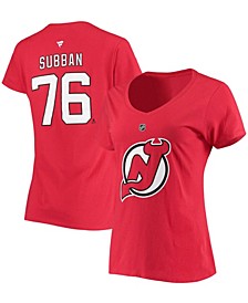 Women's P.K. Subban Red New Jersey Devils Team Authentic Stack Name Number V-Neck T-shirt