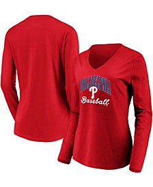 Women's Red Philadelphia Phillies Victory Script V-Neck Long Sleeve T-shirt