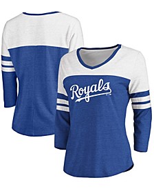 Women's Heathered Royal, White Kansas City Royals Official Wordmark 3/4 Sleeve V-Neck T-shirt