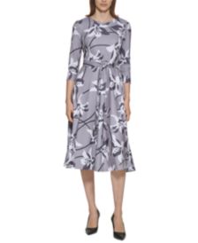 Floral-Print 3/4-Sleeve Tie-Waist Midi Dress