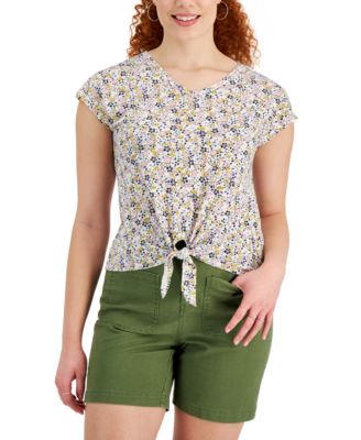 Style & Co - Petite Ditsy-Print Tie-Hem Top