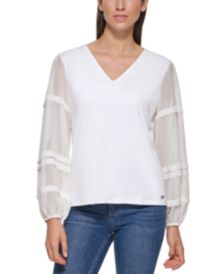 V-Neck Sheer Sleeve Blouse