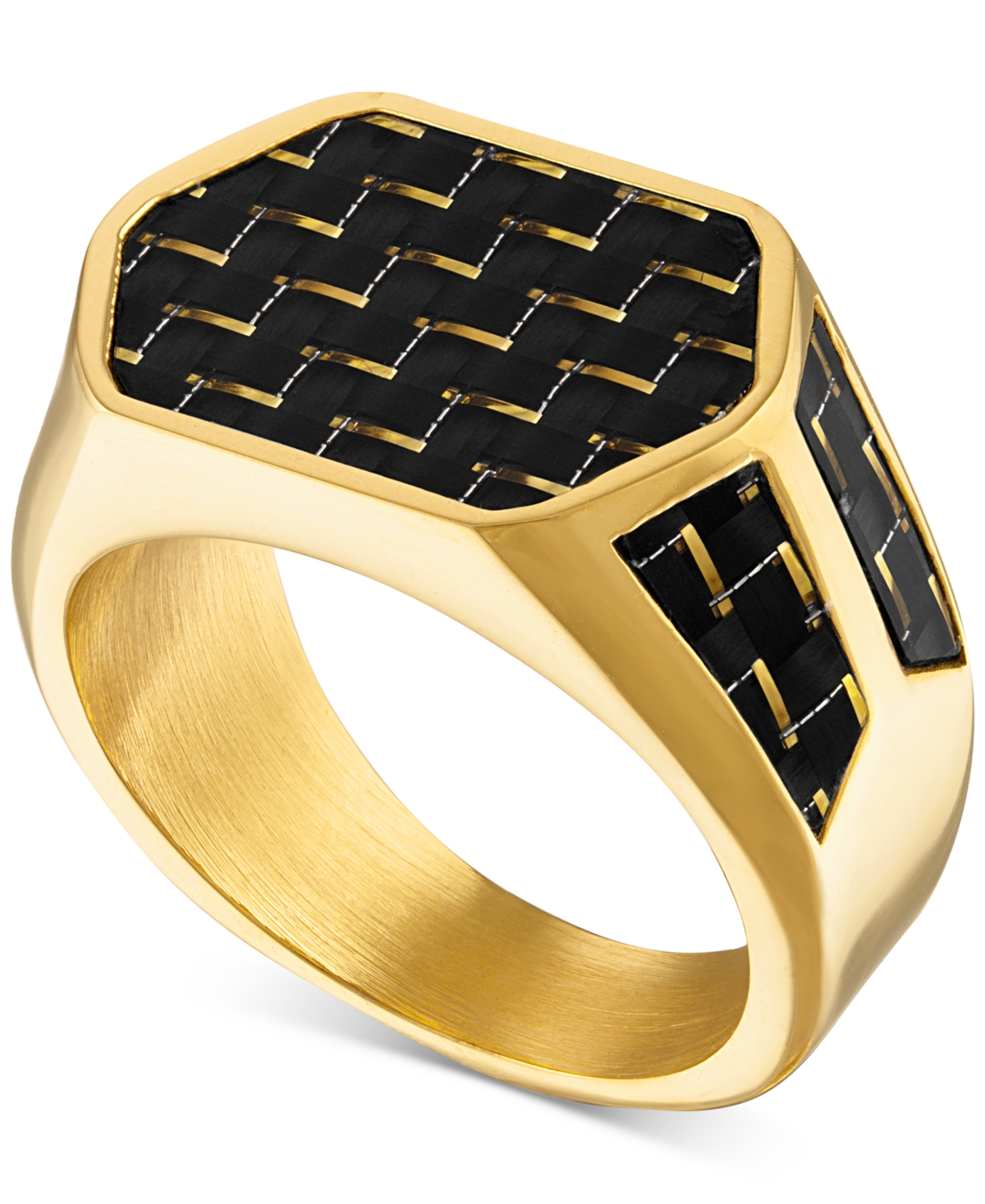 Black & Blue Carbon Fiber Beveled Ring, (Also in Black & Gold Carbon Fiber), Created for Macy's - Gold-Tone