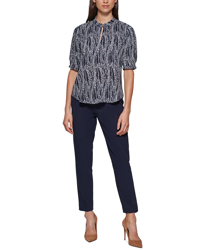 Tommy Hilfiger Keyhole-Cutout Printed Puff-Sleeve Blouse - Macy's
