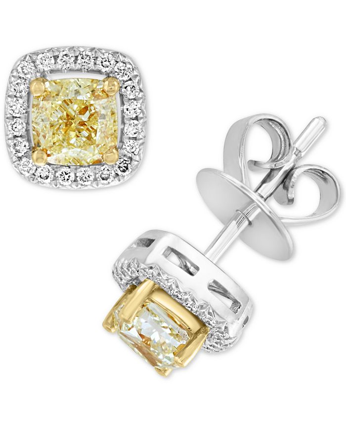EFFY Collection - Yellow & White Diamond Cushion Halo Stud Earrings (3/4 ct. t.w.) in 18k Gold & White Gold