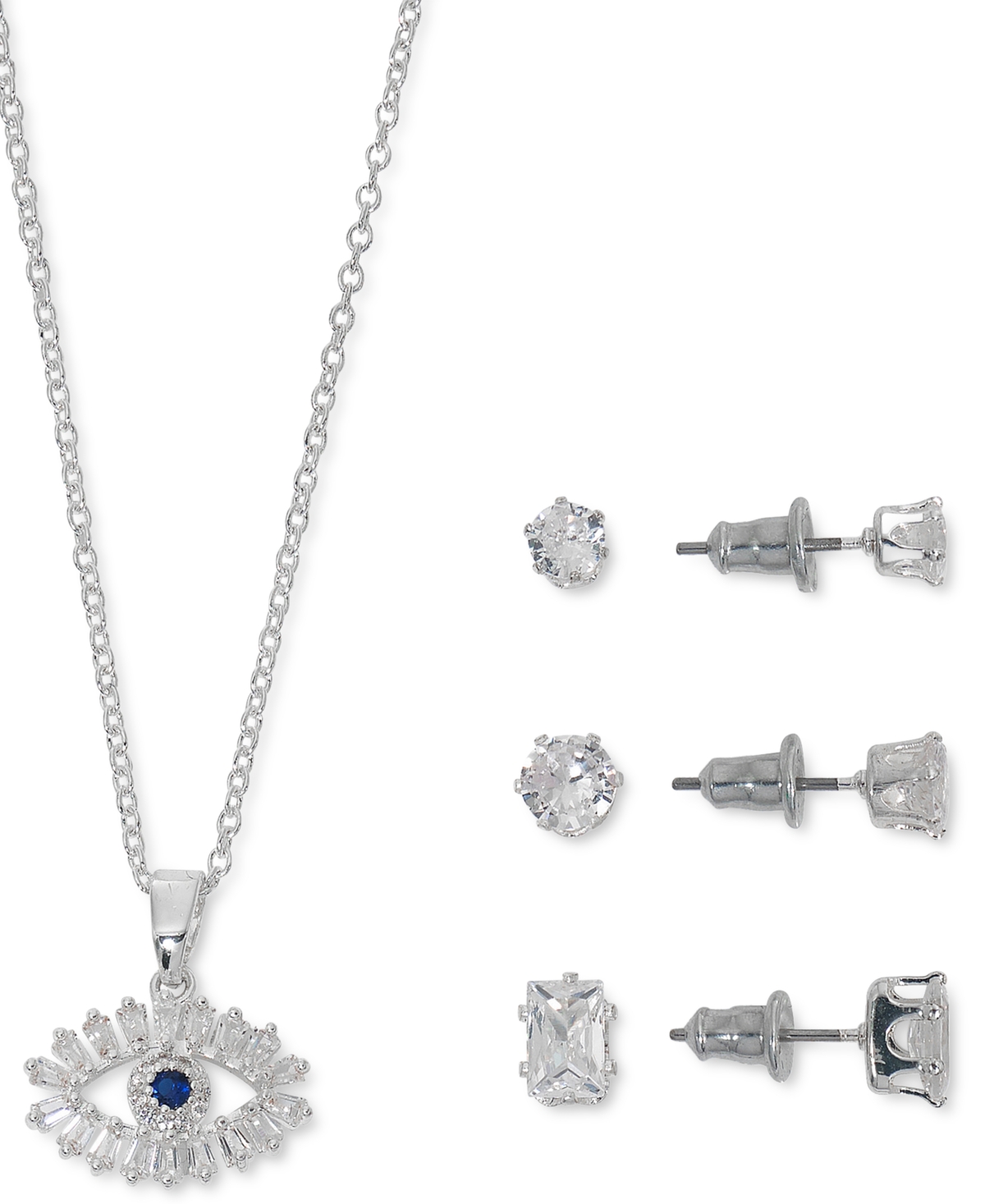 MACY'S CUBIC ZIRCONIA EVIL EYE PENDANT NECKLACE & 3-PC. STUD EARRINGS SET IN SILVER PLATE