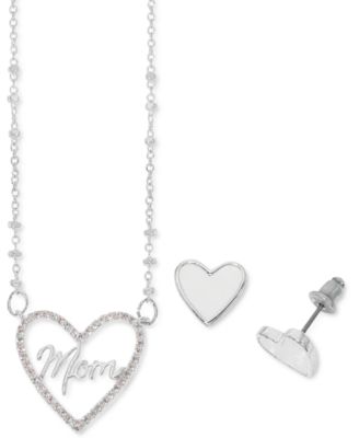 Photo 2 of Cubic Zirconia Mom Heart Pendant Necklace & Mother-of-Pearl Stud Earrings Set in Silver Plate
