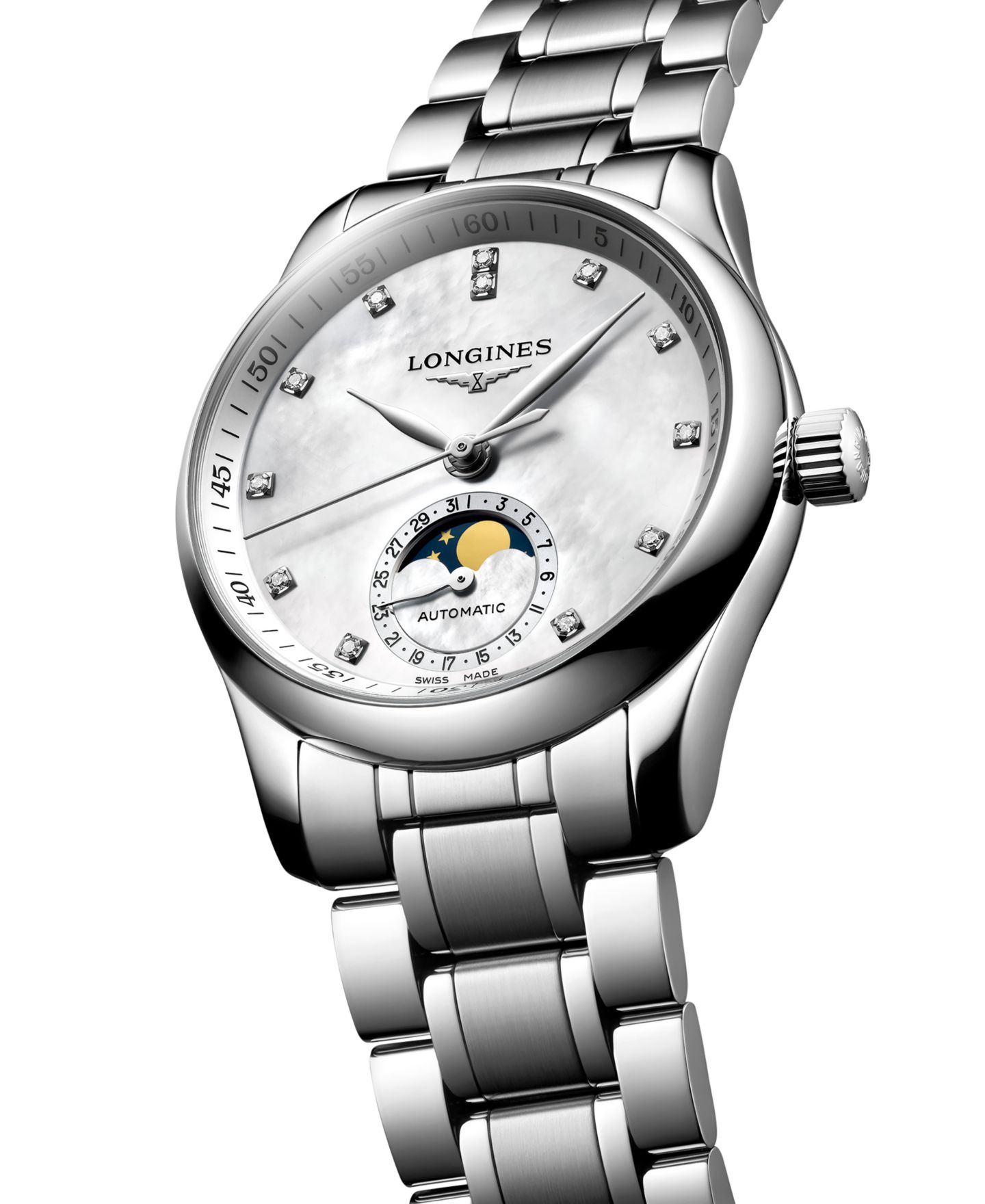 Женские часы Longines Swiss Automatic Master Moonphase Diamond (1/20 ct. t.w.) Stainless Steel Bracelet Watch 34mm — фото 2