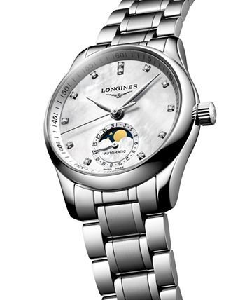 Longines - Women's Swiss Automatic Master Moonphase Diamond (1/20 ct. t.w.) Stainless Steel Bracelet Watch 34mm