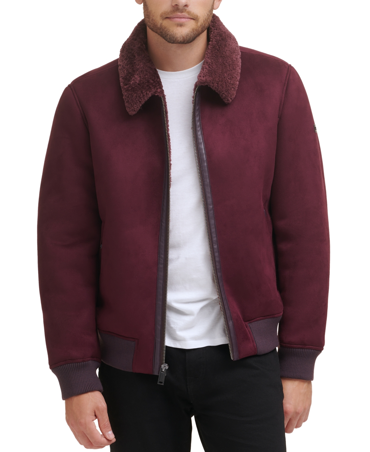 Men's Faux Shearling Bomber Jacket with Faux Fur Collar, Created for Macy's - Black