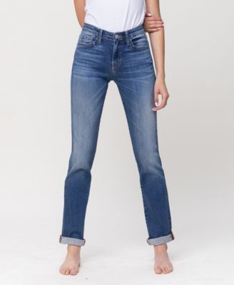 High Rise Roll Up Ankle Straight Jeans 