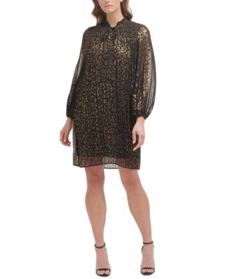 DKNY Petite Leopard-Print Tie-Neck Pleated Dress - Macy's