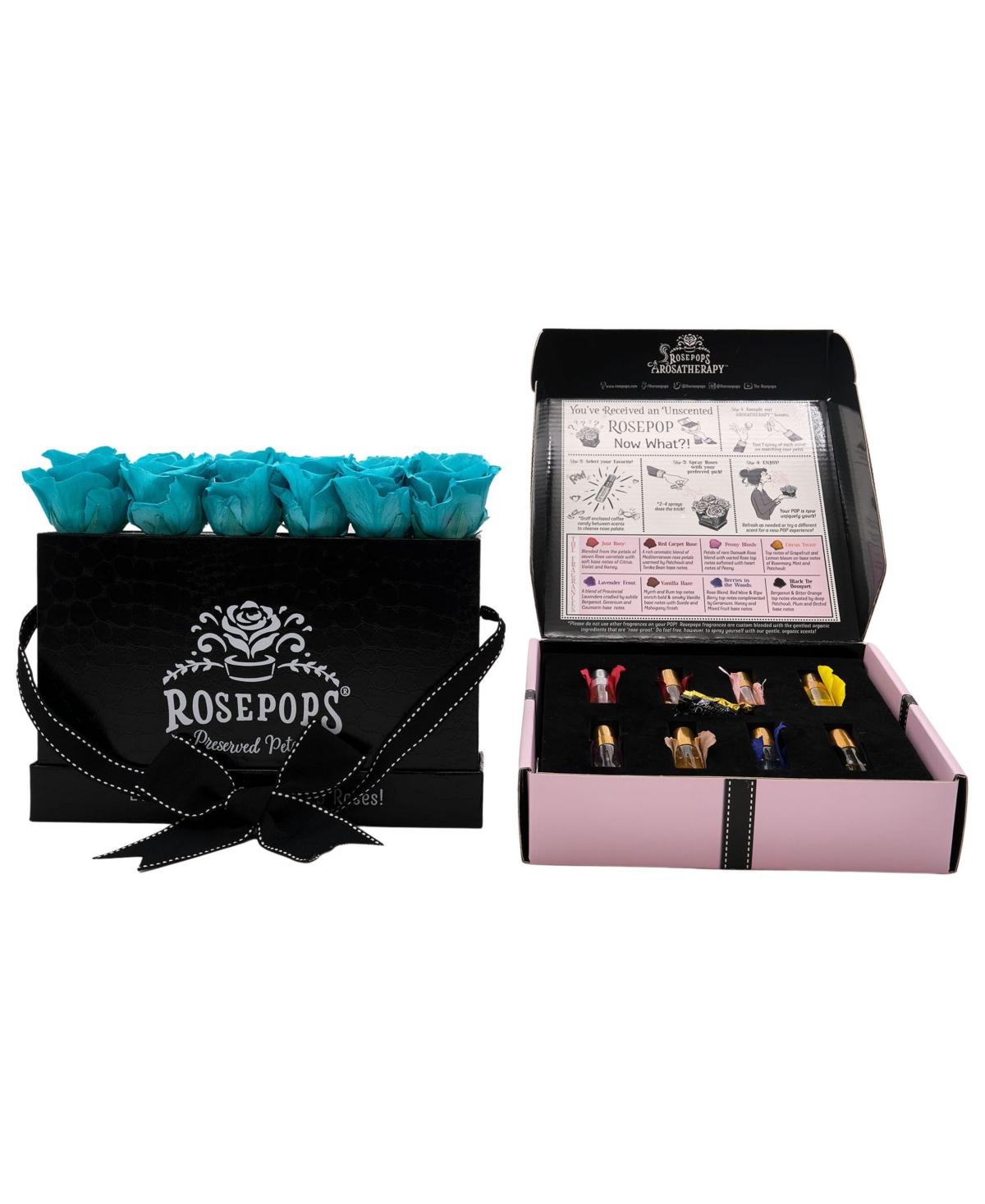 Pop-Up Box of 6 Unscented Blue Topaz Real Roses with a Sampler Set of all Arosatherapy Fragrances with which to Scent the Roses