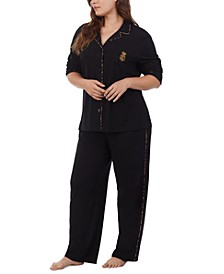 Plus Size Knit Notch-Collar Pajama Set