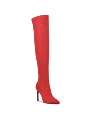thigh high red flat boots