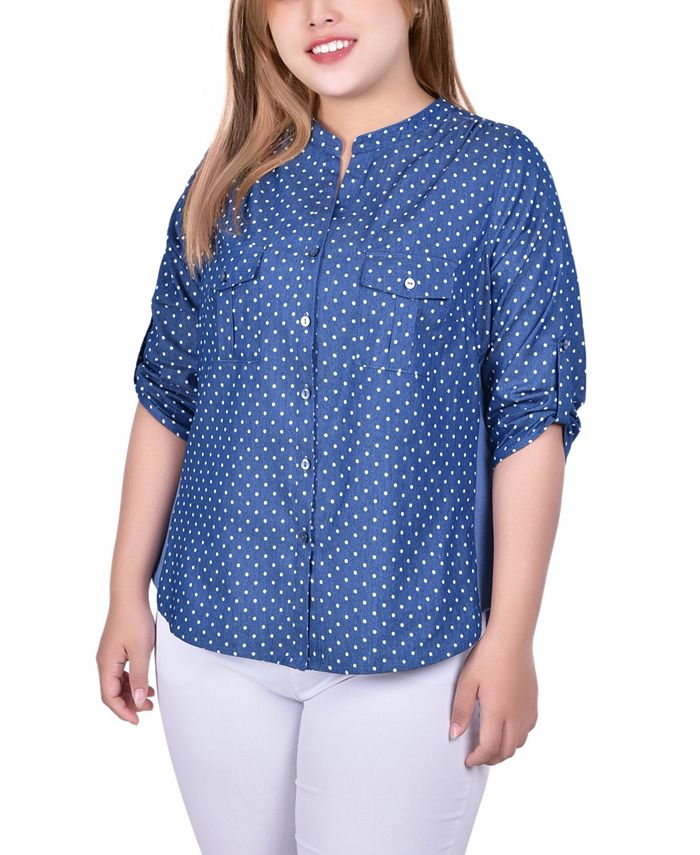 NY Collection Plus Size Printed 3/4 Roll Tab Sleeve Chambray Blouse