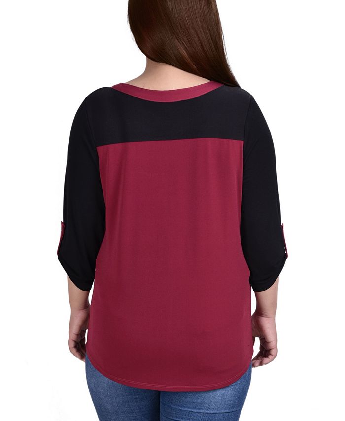 NY Collection Plus Size 3/4 Sleeve Studded Top with Contrast Yoke and ...