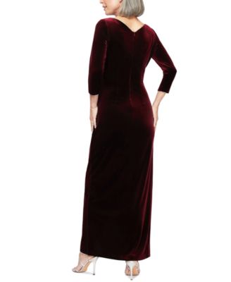 Women's Velvet Ruched 3/4-Sleeve Gown