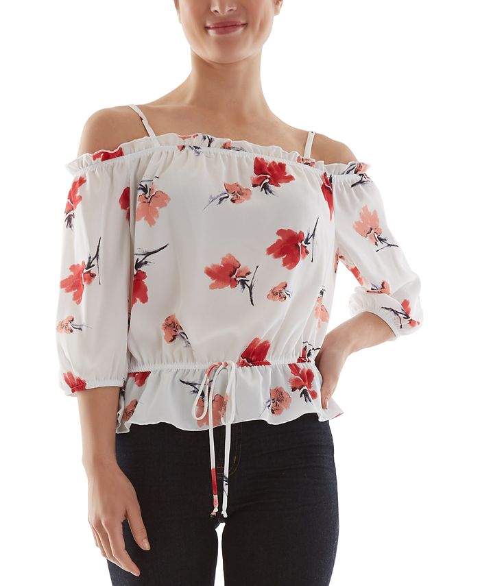 Bcx Juniors Floral Print Off The Shoulder Tie Front Peplum Top Reviews Tops Juniors Macy S